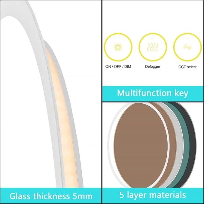OKISS Wall-Mounted LED Round Bathroom Mirror, Makeup Mirror (28 inches x 28 inches,) 3 Color Stepless Dimmable Memory Bathroom Vanity Mirror with Lights CRI90+ 3000-6400K Smart Mirror with Touch