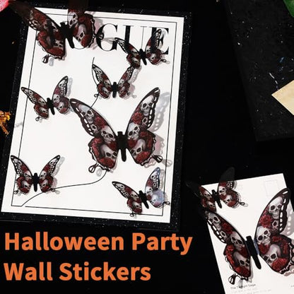 Halloween Wall Stickers 24 Pcs 3D Butterfly Wall Decals Gothic Black Red Butterfly Wall Decor Halloween Party Supplies for Bedroom Room Door Window Fireplace Decoration, Skull Style