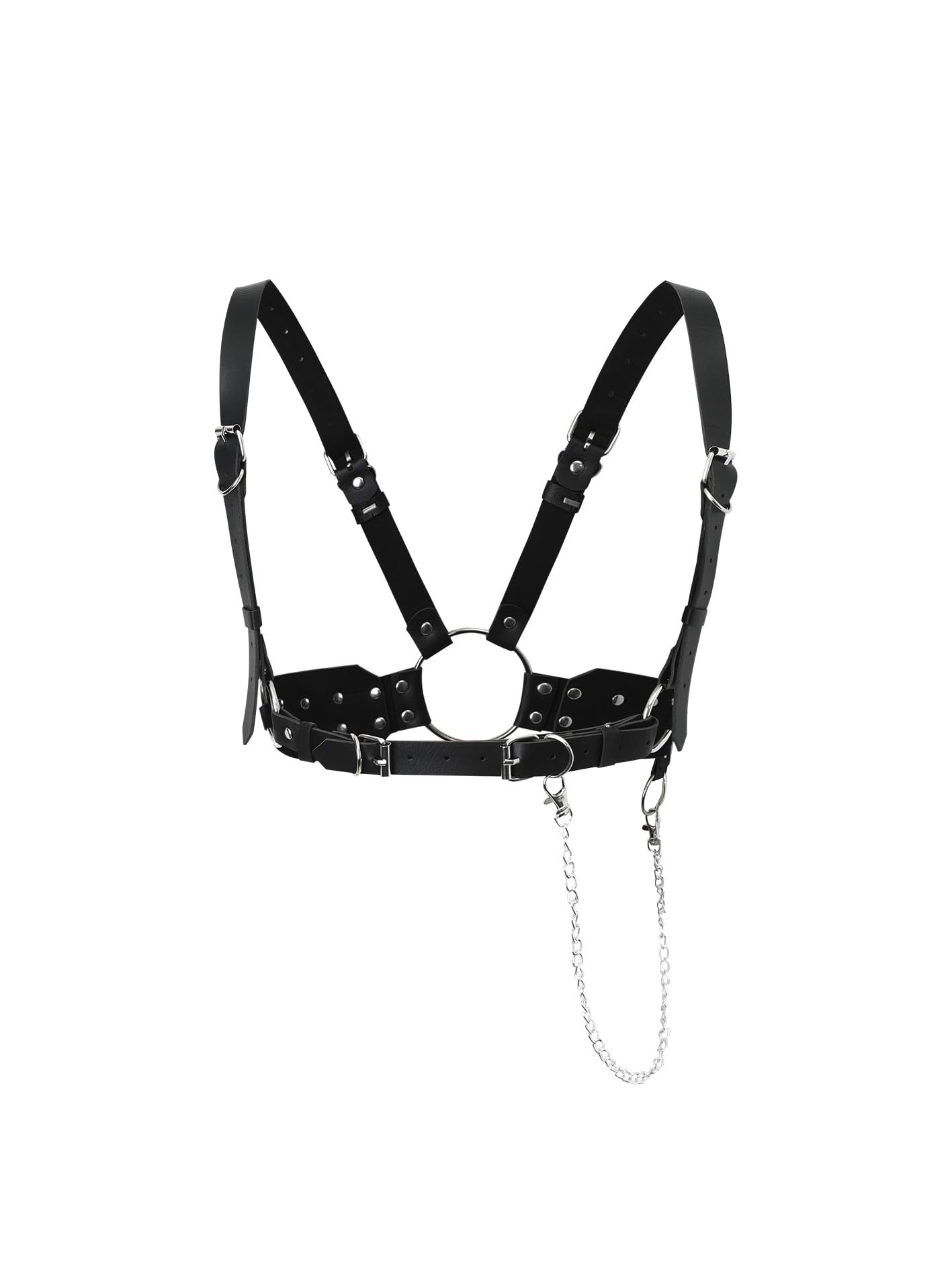 WARANDOD Women Adjustable Leather Harness Belt with Detachable Chain, Faux Leather Body Harness with Alloy Buckles for Gothic Punk Festival Outfit(Waist 26.8-38.2in)