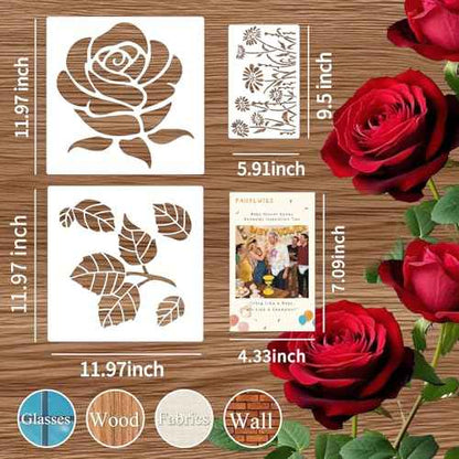 9pcs Large Rose Stencil 12X12Inch - Reusable & Easy Clean Giant Rose Template with Instructions for Walls, Wood, Fence, Fabric & More (Rose)