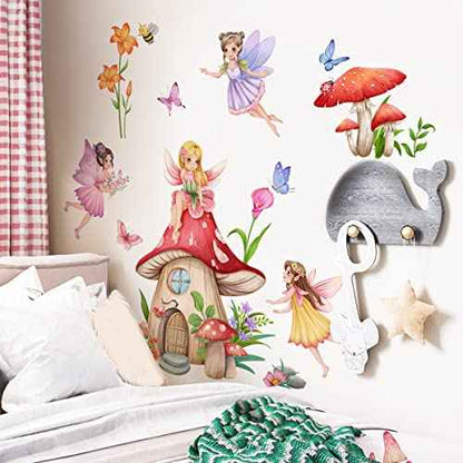 Fairy Girls Wall Decals Mushroom with Flowers Butterfly Wall Stickers for Baby Nursery Girls Bedroom Wall Decor