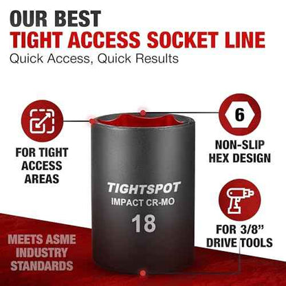 TIGHTSPOT 3/8 Inch Drive - 18mm Shallow Impact Socket with Anti-Rounding 6 Point Design, Heat-Treated CRMO Steel, Metric