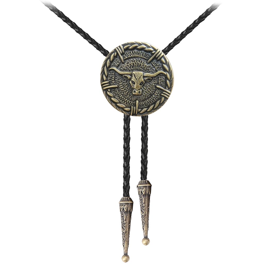 AZORA Western Cowboy Bolo Tie Men Leather Necktie Rope Cord Bull Disc Bola Tie Costume Accessory for Women