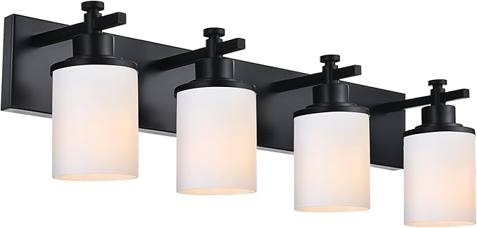 MELUCEE 4-Light Black Bathroom Light Fixture, Modern Bathroom Vanity Lights Over Mirror with Milky White Glass Shade, Farmhouse Wall Mounted Lamp for Dressing Room Living Room Hallway