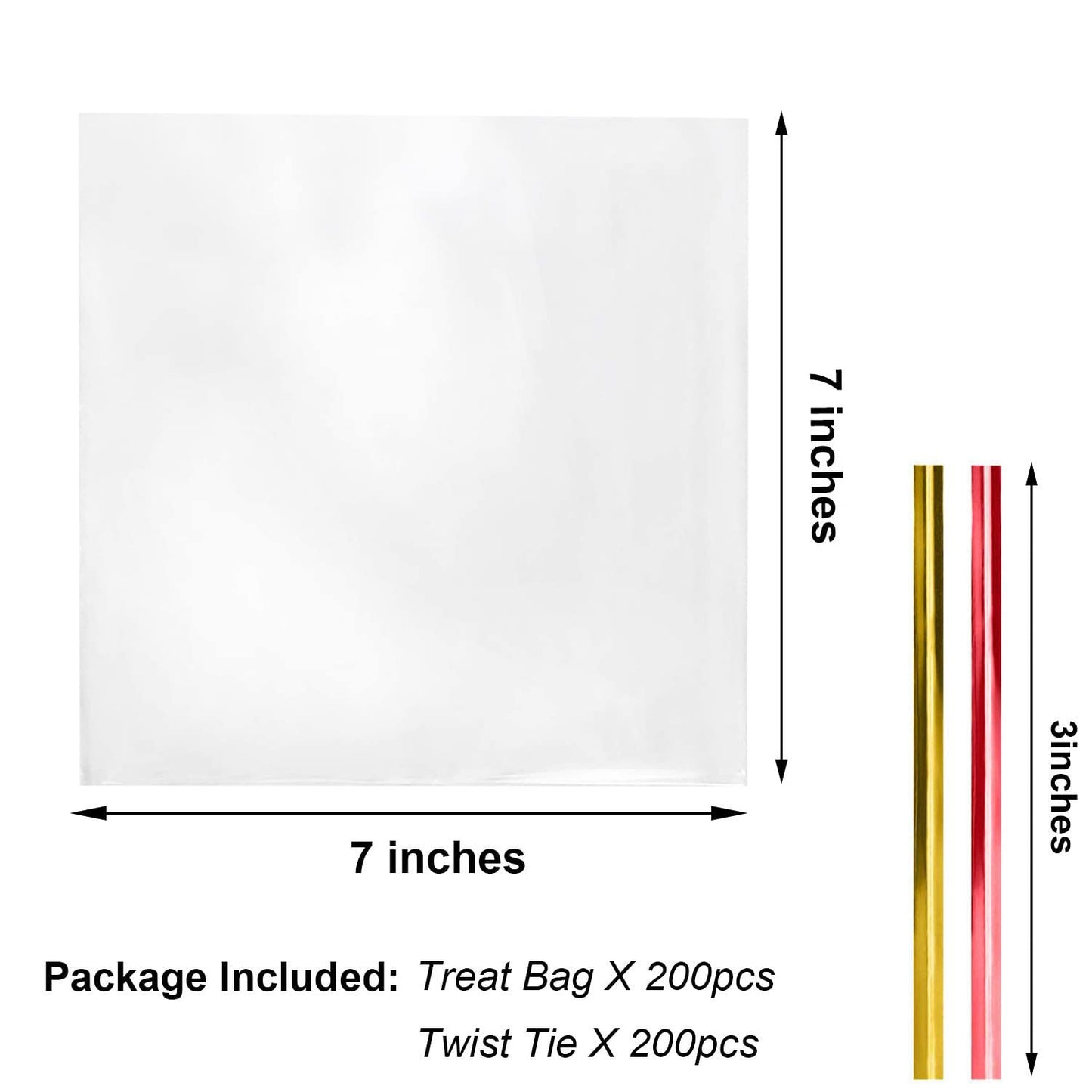 Morepack Cello Cellophane Treat Bags,200 PCS Clear Pastic Gift Bags with Twist Ties (7"x7")