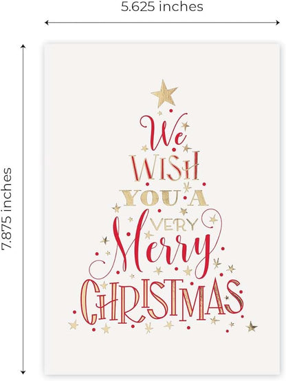 Masterpiece We Wish You A Very Merry Christmas Cards / 16 Boxed Winter Holiday Card Set With Gold Foil Accents And Coordinating Gold Foil Lined White Envelopes / 5 5/8" x 7 7/8" Folded Stars Evergreen Tree Greeting Cards With Inside Verse