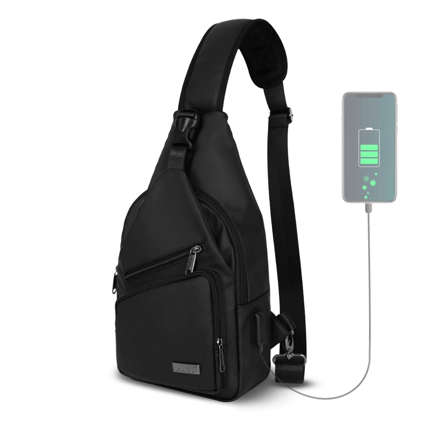 AMJ Crossbody Sling Bag Men Women, Casual Shoulder Backpack, Chest Daypack Satchel for Hiking Travel (Black Leather, Small)
