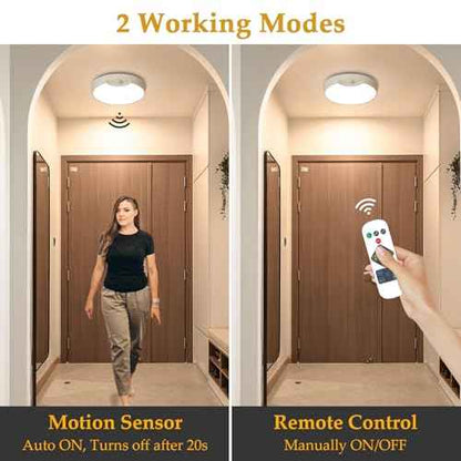 TOOWELL Rechargeable Motion Sensor Light with Remote, Battery Operated Ceiling Light 8000mAh, Wireless Motion Activated Light Indoor for Closets Shower Pantry Stairs Hallway 2 Pack
