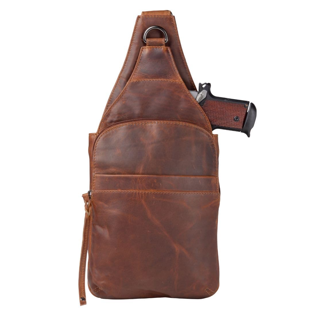 Lady Conceal - Dakota Unisex Leather Concealed Carry Sling Bag - Large Frame Handgun - Concealment pockets with Magnetic Closure and Universal Holster Backpack (Cognac) - 7" L x 15" H x 2" D