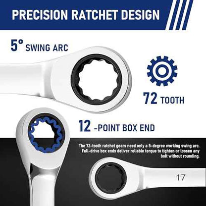 Ratchet Wrenches Set, 22-Piece Combination Wrench Set, Metric & SAE, Anti-Slip Grip, CR-V Steel, 1/4" to 3/4" & 6mm to 18mm, Portable Oxford Pouch Organizer