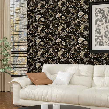 Gold Leaf Wallpaper Peel and Stick Vintage Dark Floral Contact Paper Retro Flower Wall Wallpaper Waterproof Self-Adhesive Wall Covering for Bedroom Countertop Desk Cabinet 17.4" x 118"