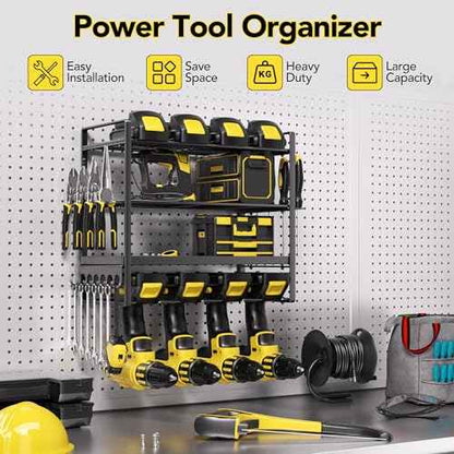 Power Tool Organizer, Metal 4 Layer Heavy Duty Drill Holder, 4Tier Wall Mount Garage Tool Organizers and Storage with Screwdriver/Pliers/Hook Holder,Red Utility Racks gifts for men