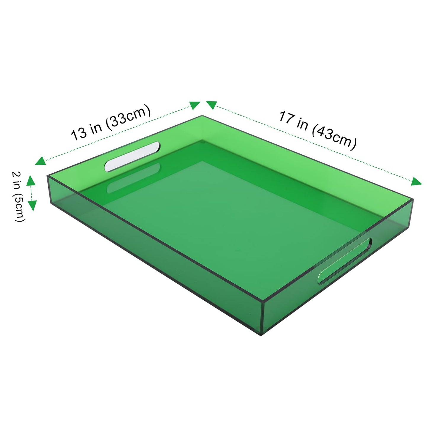 Large Acrylic Tray Ottoman Coffee Table Tray with Handles 17x13'' Decorative Serving Platter for Food Tea Dinner Snack Eating Bar Party, Emerald Green