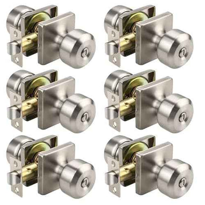 KNOBWELL Brushed Nickel Door Knob, Square Interior Door Knobs, Privacy Door Knob for Bedroom Bathroom, Stainless Steel Indoor Door Knobs, 6 Pack