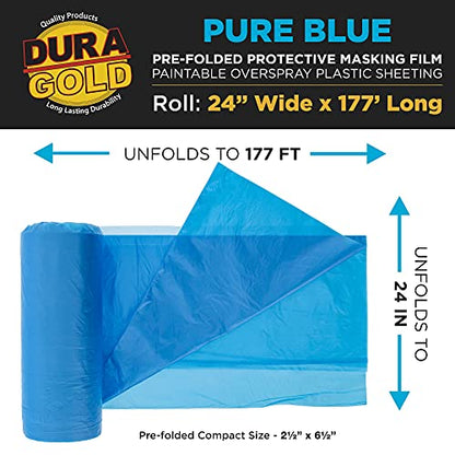 Dura-Gold 24" x 177' Pure Blue Pre-Folded Masking Film - Painters Plastic Roll (0.4 Mil) Pull Down Drop Sheet, Pre-Folded Plastic Sheeting for Painting Protection on Auto, Walls, Furniture