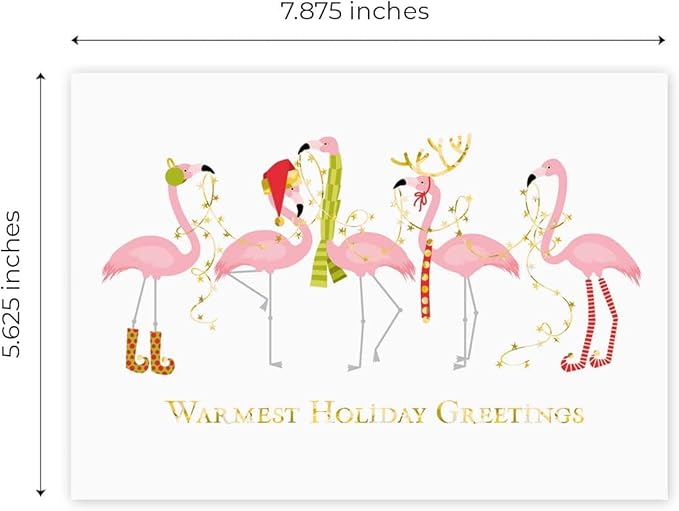 Canopy Street Masterpiece Fashion Flamingos Christmas Cards / 16 Holiday Card Set With Gold Foil And White Envelopes / 5 5/8" x 7 7/8" Winter Greeting Cards With Inside Verse/Made In The USA