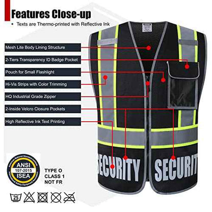 Security Vest for Men Women Reflective Safety Vest with 5 Pockets and Front Zipper Mesh High Visibility Vest Meets ANSI/ISEA 107-2015 Standards (2/Black-22, L)