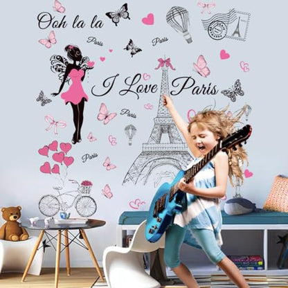 Paris Wall Decal Vinyl Eiffel Tower Wall Sticker Bicycle Hot Air Ballon Wall Decor for Girl Women Bedroom Living Room