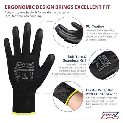PU Coated Work Gloves -12 Pairs Bulk Pack, Excellent Grip, Seamless Knit Nylon Safety Gloves with Polyurethane Coated for Touchscreen, Lightweight, Ideal for Light Duty Work (Large)