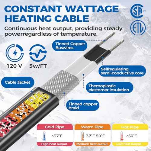 5W/FT 120V Pipe Heat Tape 50FT (3FT-200FT) - Freeze Protection Heating Cable for Metal/Plastic Water Pipes, Maintains Flow at -40¡ÆF
