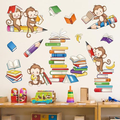 decalmile Monkey Reading Books Wall Decals Animal Educational Wall Stickers Baby Nursery Kids Bedroom Playroom Classroom Wall Decor