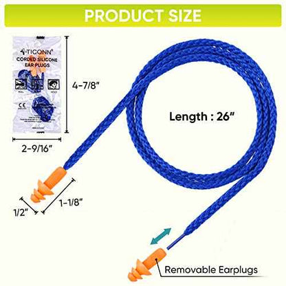 TICONN 100 Pairs Reusable Silicone Ear Plugs for Sleeping Noise Cancelling, 25dB NRR Corded Earplugs for Study Concentration Travel (100 Pairs)