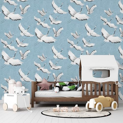 Peel and Stick Wallpaper for Home Decoration Kitchen White Crane Blue Wallpaper Removable Vinyl Self Adhesive Shelf Paper & Drawer Liner Roll House, Workshop & Office 17.3" x 79" TH8096-2