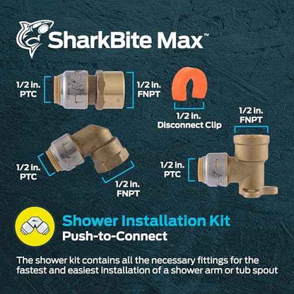 SharkBite Max Shower and Tub Connection Kit, Push to Connect Brass Plumbing Fittings, PEX Pipe, Copper, CPVC, PE-RT, HDPE, UR25567