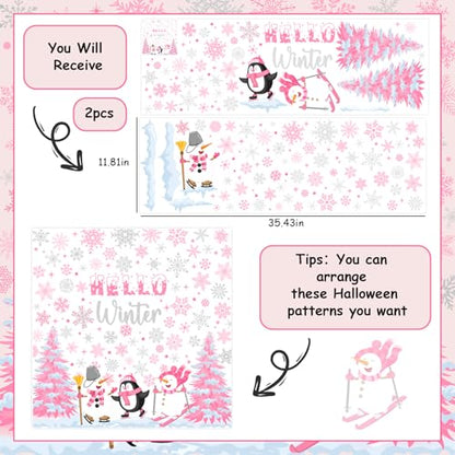 Kreatwow 2Pcs Pink Winter Wall Stickers Hello Winter Wall Decorations Pink Snowflake Snowman Themed Walls Clings Let It Snow Party Decor Snowflake Penguin Party Decal for Xmas Christmas Home Decor