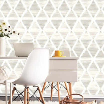 Yun-aeon 17.7" X 120" White and Beige Stripe Peel and Stick Wallpaper Modern Diamond Contact Paper Geometric Removable Wallpaper Self Adhesive Wall Paper for Bedroom Drawers Cabinets Decor Vinyl