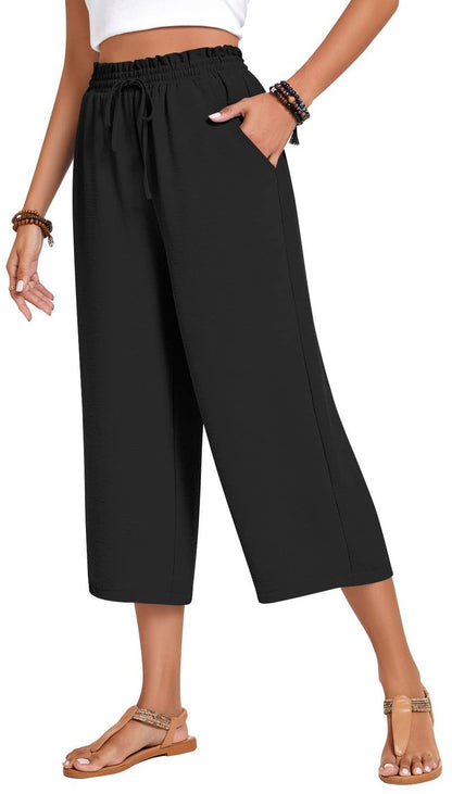 Anyhold Womens Capri Pants Loose High Waisted Wide Leg Lounge Pants Drawstring Casual Palazzo Trousers with Pockets X-Large, Black