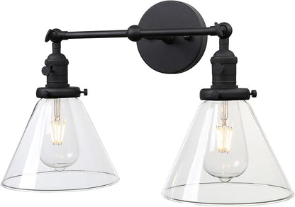 PERMO Double Sconce Vintage Industrial 2-Lights Sconce Antique Wall Sconces with Funnel Flared Glass Clear Glass Shade Vanity Light for Bathroom (Matte Black)