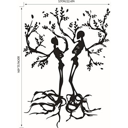 BIBITIME Halloween Vinyl Couple Skull Tree Wall Decal Black Skeleton Sticker for Living Room Porch Sofa Background Decorations Shop Showcase Window Kids Room Decor