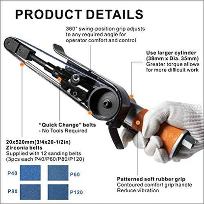 Air Belt Sander 3/4" x 20-1/2" Belt Size Pneumatic Tool with 12pc Belts (#40, #60, #80 & #120), Good for Deburring, Sanding and Finishing (3/4" x 20-1/2" Sander)