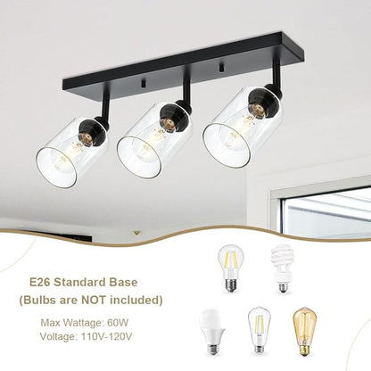 VINLUZ 3 Light Metal Bathroom Lighting in Black Finish Interior Wall Mounted Lights Multi-Directional Rotating Metal Ceiling Mount Fixture with Clear Glass Industrial Spotlight for Kitchen Foyer