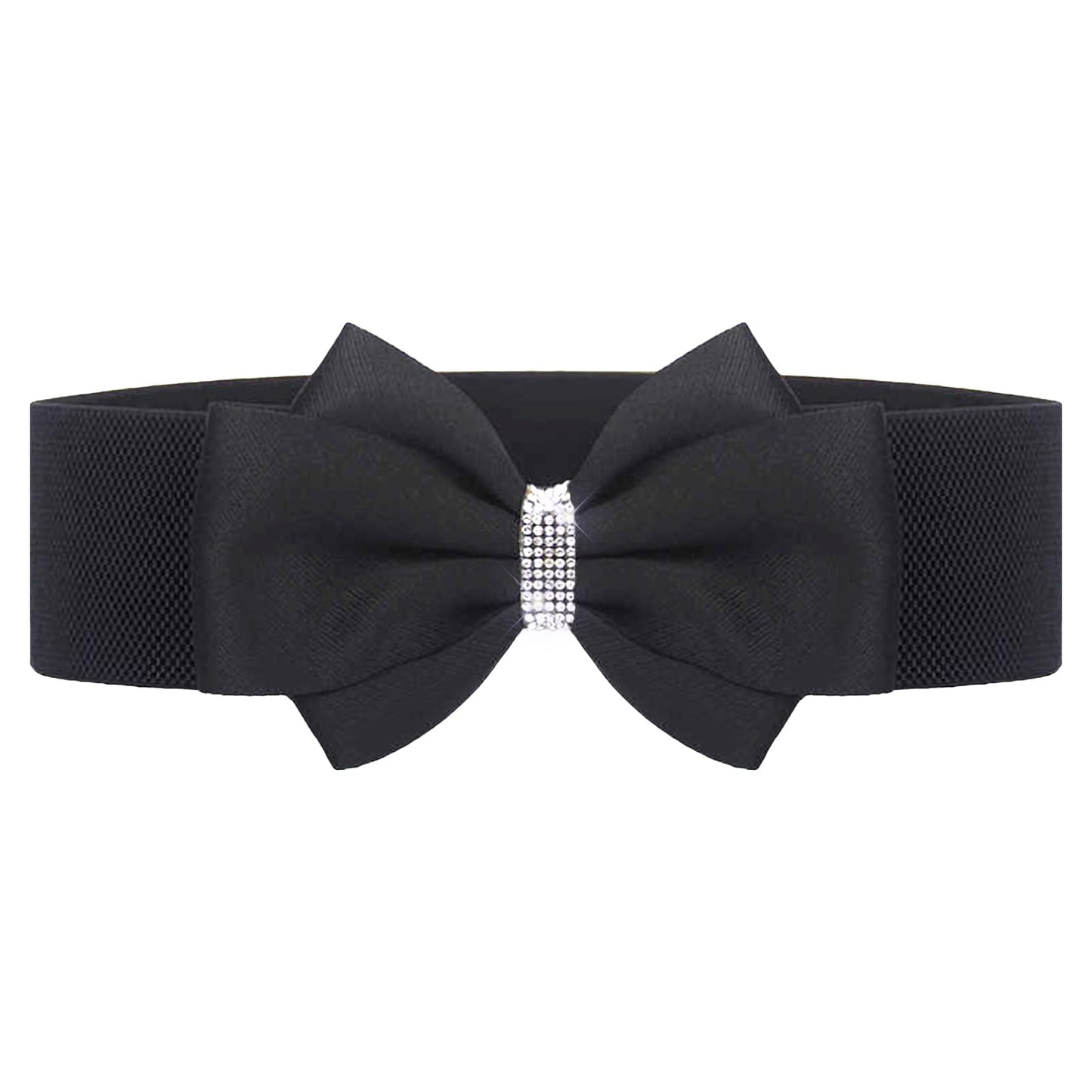 Choleeki Women's Elastic Bow Belt Wide Rhinestone Stretch Belts Ladies Waist Accessories for Dress Jeans (black, S)