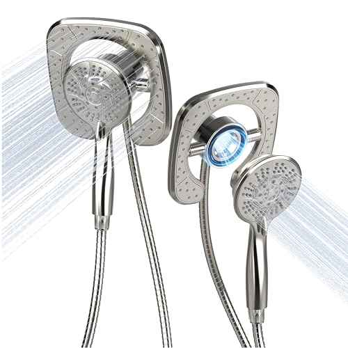 PRIMSOPH Shower Head Handheld Spray Combo 10 Mode Spray Settings Magnetic 2-in-1 High Pressure Dual Showerhead Auto-Switch Square Combination, Brushed Nickel