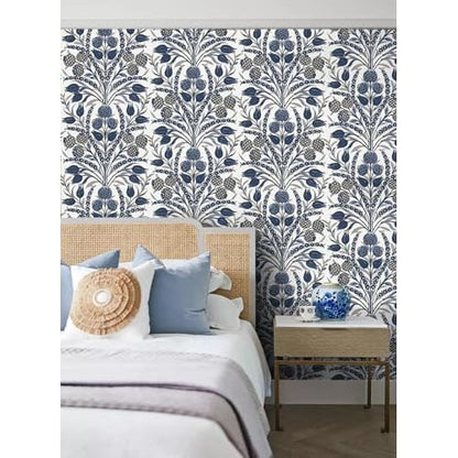 CiCiwind Blue and White Peel and Stick Wallpaper Floral Wall Paper Boho Self Adhesive Renter Friendly Contact Paper for Bedroom Bathroom William Morris Decor Vinyl Rolls 17.3"¡¿78.7"