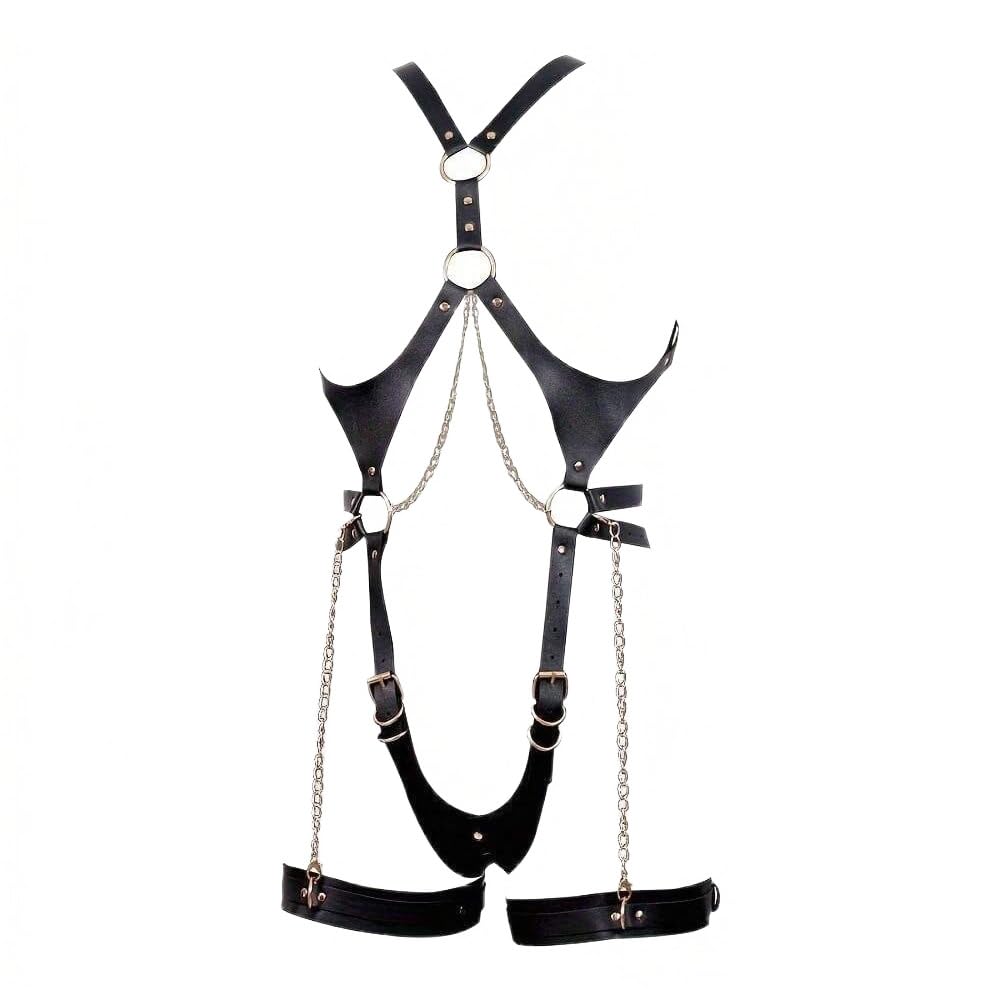 Women Body Harness Belt with Metal Chain Adjustable Leather Caged Harness Lingerie Set for Ladies, Sexy Gothic Chest Leg Garter Body Bondage Strap, BDSM SM Cosplay Costume Clubwear Masquerade Party