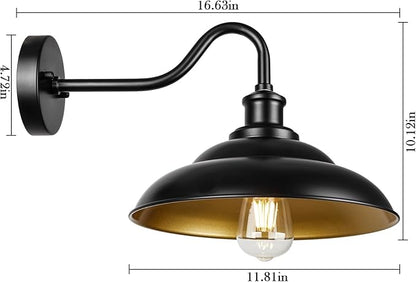 Outdoor Gooseneck Barn Light, 12 Inch Farmhouse Exterior Wall Mount Light, Outdoor Sconce Wall Lighting Fixture, Outside Industrial Black Lantern, Gold Interior, 3 Pack