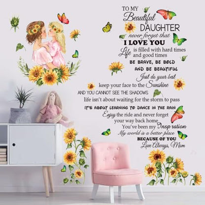 Inspirational Quote Decal for Daughter - Removable Peel & Sticker Vinyl Wall Sticker, Floral Theme for Bedroom, Playroom, Living Room - Yellow