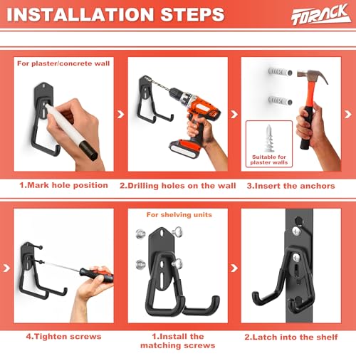 TORACK 15 PCS Garage Storage System Hooks, Shelving Hooks for Keyhole Shelving Units Wall Mount Utility Hooks for Tools, Ladders, Cords, Folding Chairs, Shovels and Rakes(Black)