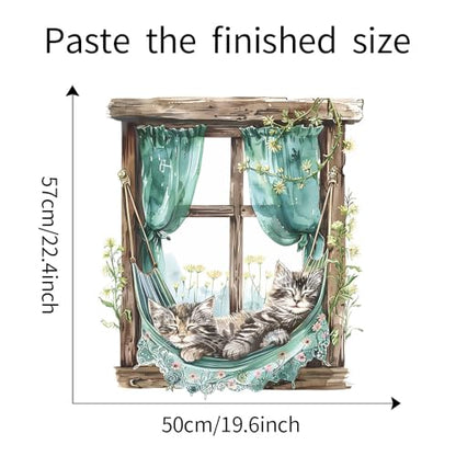 BooDecal 19.6 x 22.4 inches Cute Lazy Cats Fake Wooden Window Removable Wall Decals Flowers Wall Stickers for Childrens Playroom Nursery Bathroom