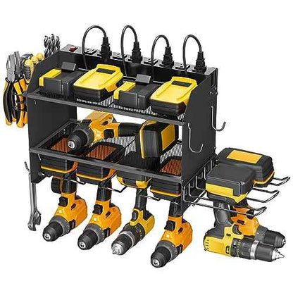 CCCEI Modular Power Tool Organizer Wall Mount Charging Station, Black 6 Drills Holder with 8 Plug Power Strip 10FT, Garage Drill Battery Heavy Duty Metal Shelf, Utility Rack with Hooks, Side Storage.