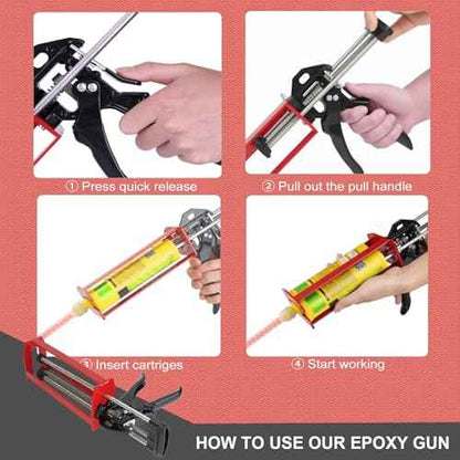 Epoxy Gun Dual Cartridge Applicator 450mL/600mL/650mL, Manual 1:1 & 2:1 Ratio, High-Thrust 2-Part Adhesive Dispenser for Epoxy, Urethane, Acrylic, Panel Bonding & Plastic Repair, Red