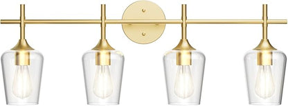 Ralbay 4-Lights Gold Vanity Light Fixture Vintage Gold Vanity Lights Wall Lighting Clear Glass Gold Bathroom Light Fixtures Over Mirror