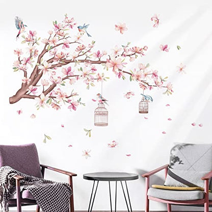 wondever Cherry Blossom Flowers Wall Stickers Pink Magnolia Floral Tree Branch Birds Peel and Stick Wall Art Decals for Living Room Bedroom TV Wall