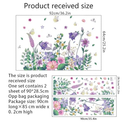 Purple Flower Wall Decal Peel and Stick Floral Butterfly Wall Sticker Green Plant Leaf Wall Art Murals for Bedroom Living Room Nursery Decor