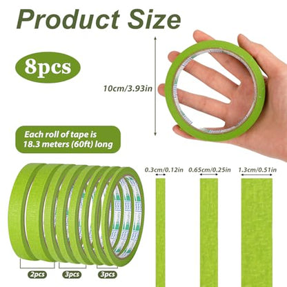 8Rolls Fine Line Tape Thin Painters Tape Total 160yards Pinstripe Masking Tapes 1/8, 1/4, 1/2 inch Width Art TapeSmart Selection Painter Adhesive Automotive for DIY Car Auto Paint (Green, Mixed Sizes)