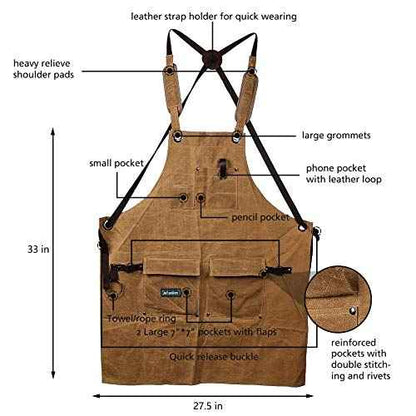 Waxed Canvas Shop Apron for Men & Women.Woodworking Aprons Heavy Duty Work Apron with Pockets. Big Bulk Tool Apron with Adjustable Cross-Back Strap.Adjustable S to XXL (Brown)